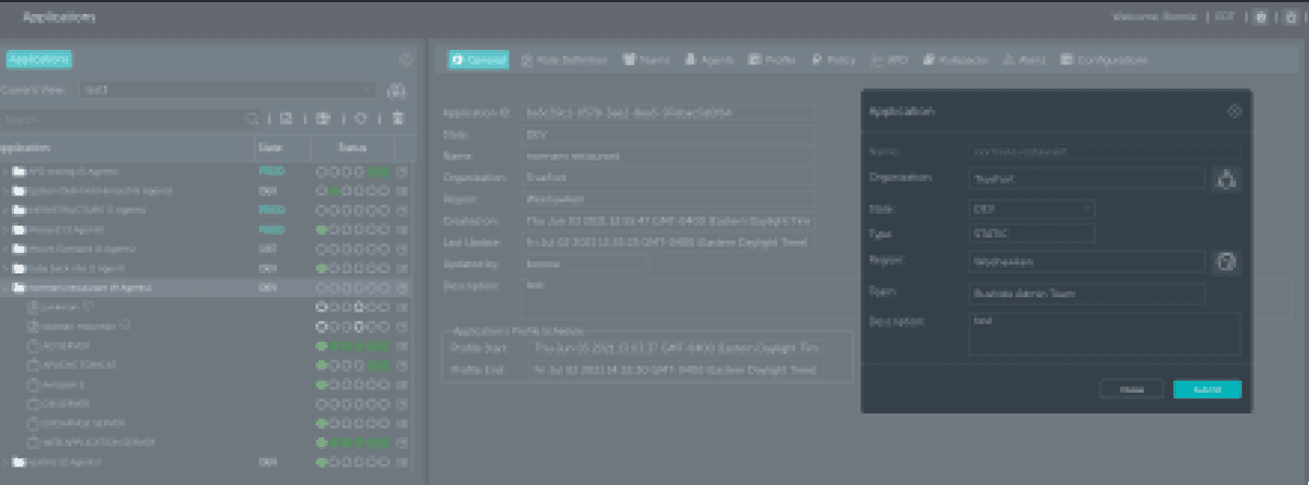 The Applications screen, with the General tab and the Application edit modal open